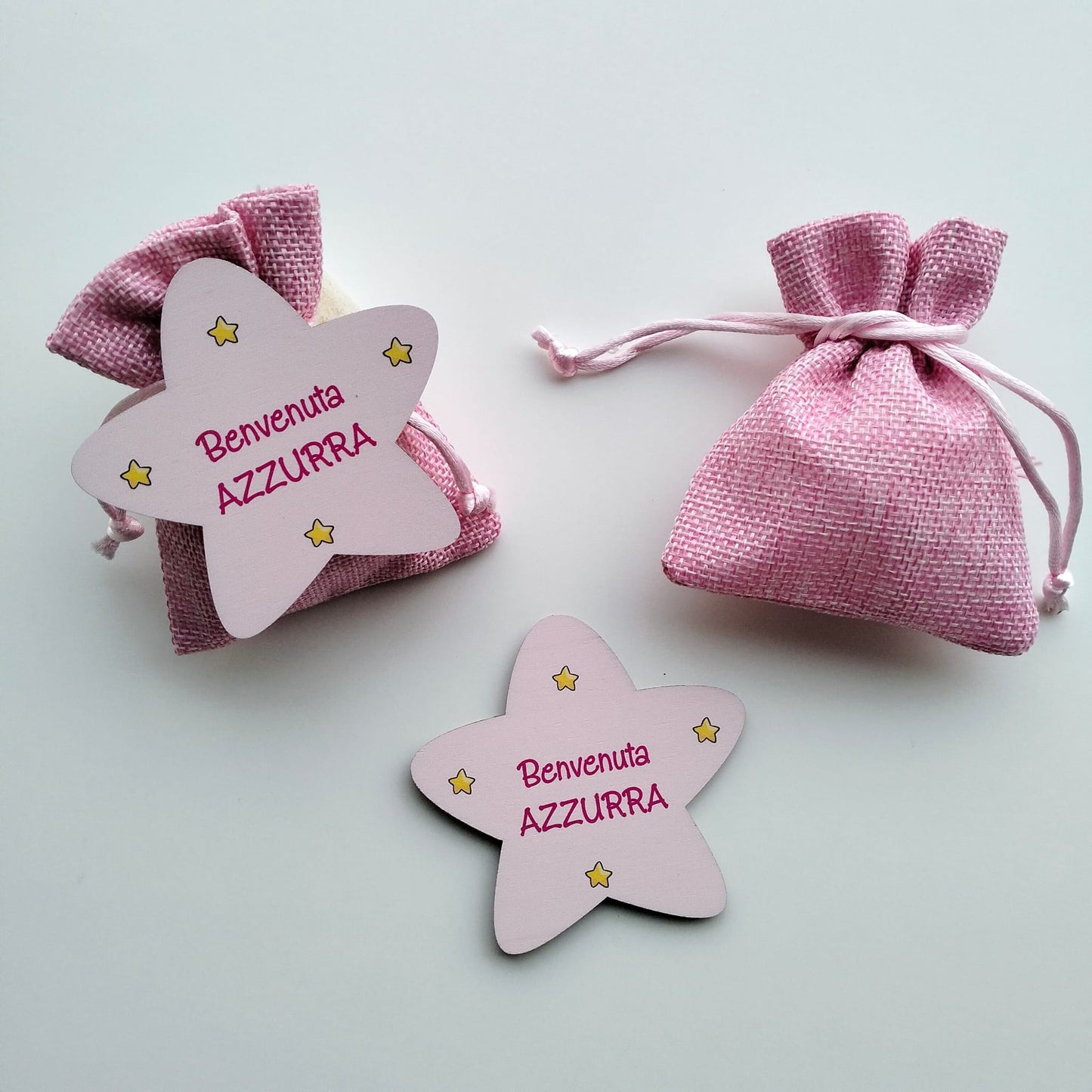 Sacchetto Nascita Bimba in Iuta Rosa – Personalizzato con Nome, Calamita – Elegante Bomboniera Portaconfetti