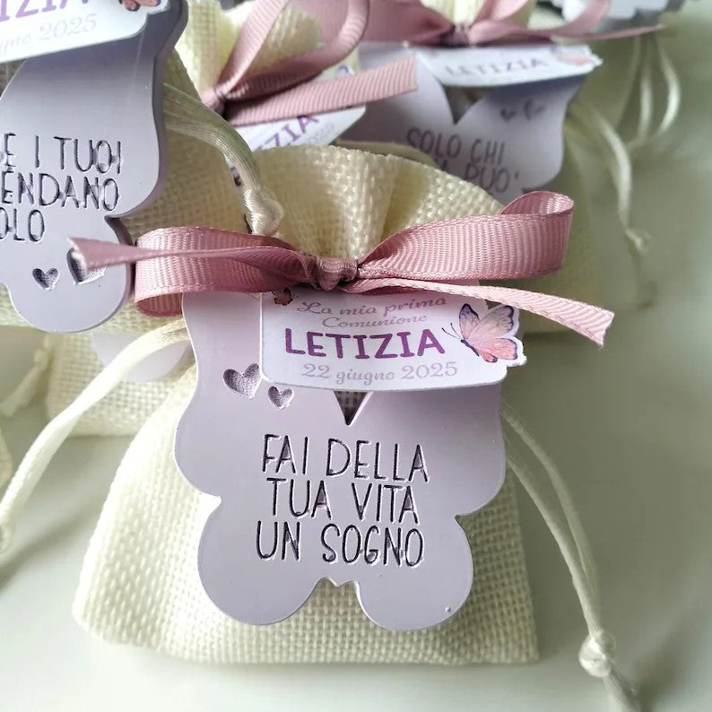 Bomboniere prima comunione bambina con farfalle, sacchetti in iuta