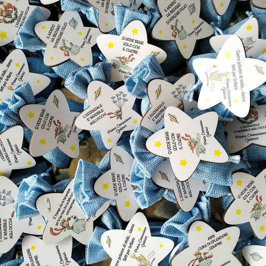 Bomboniera Il Piccolo Principe – Sacchetto in iuta celeste con confetti e stellina in legno