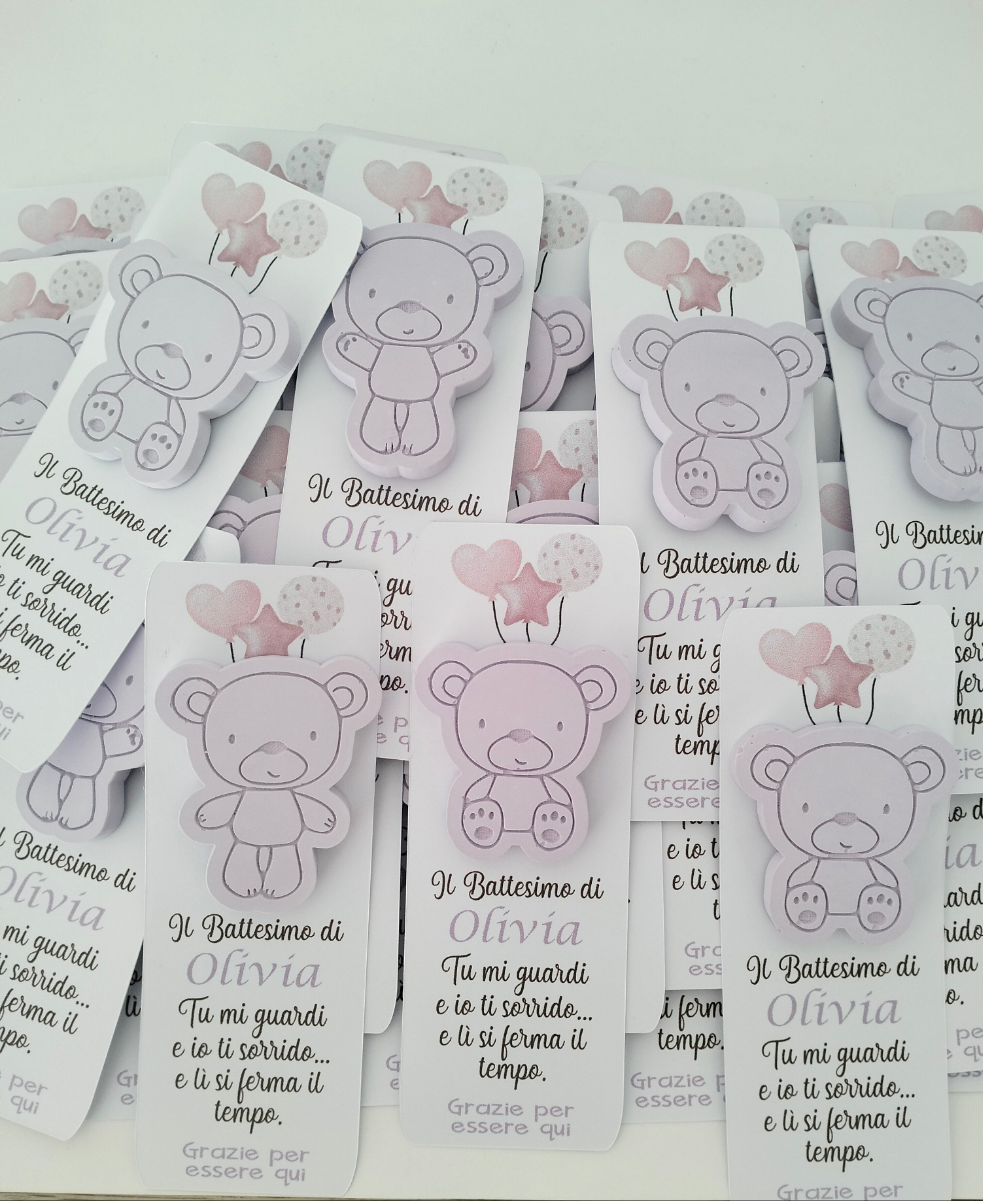 Bomboniera battesimo bimba, segnalibro con frase motivazionale e magnete orsetto
