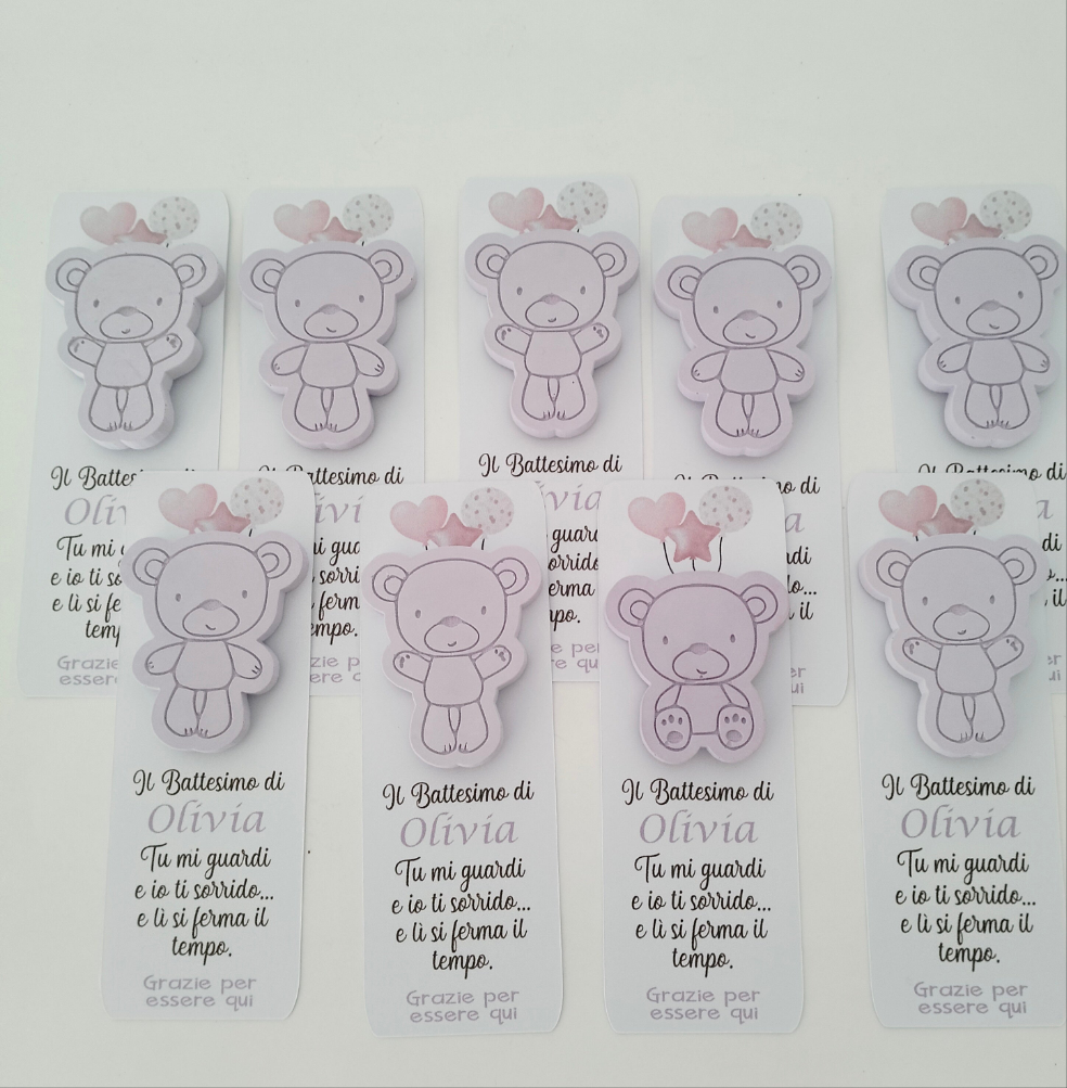 Bomboniera battesimo bimba, segnalibro con frase motivazionale e magnete orsetto