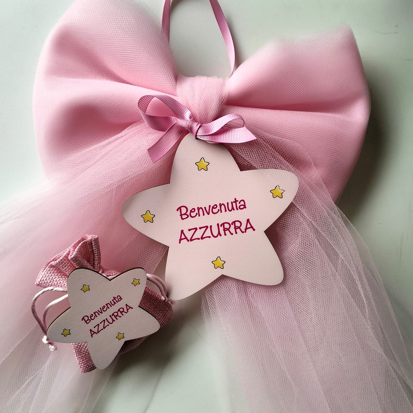 Sacchetto Nascita Bimba in Iuta Rosa – Personalizzato con Nome, Calamita – Elegante Bomboniera Portaconfetti
