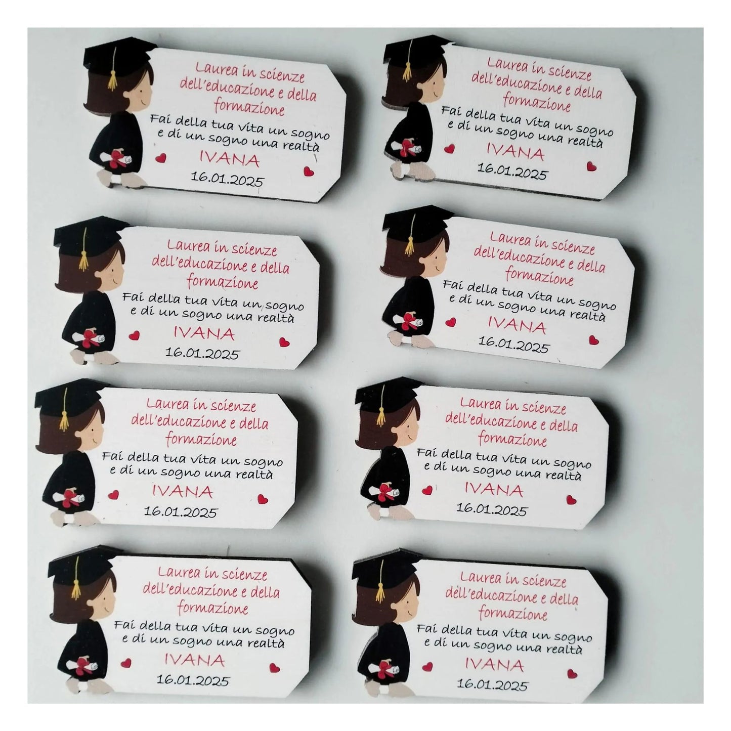 Bomboniera laurea personalizzata, magnete in legno con frasi motivazionali