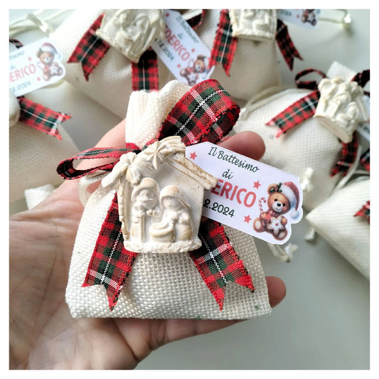 Magnete presepe ceramica bianco oro bomboniera battesimo tema natalizio artigianale