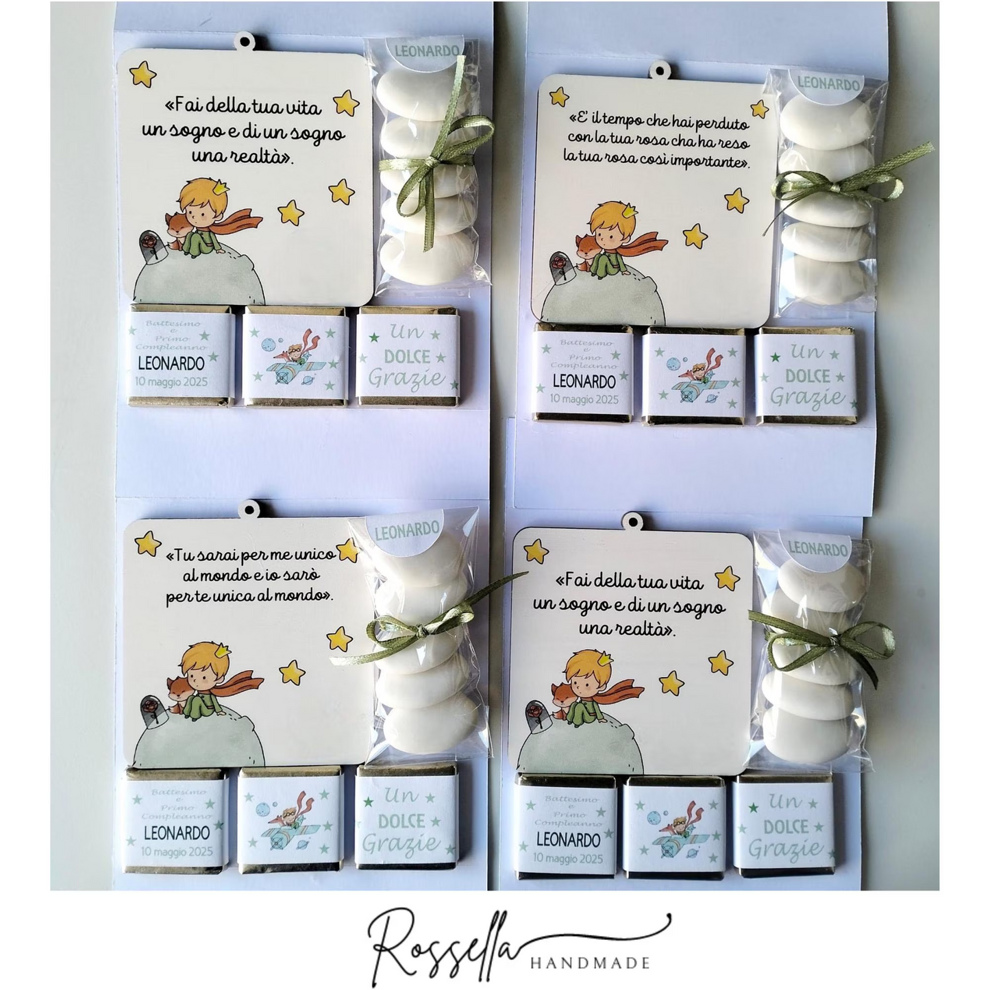 Quattro scatole bomboniere con quadretti in legno personalizzati con frasi motivazionali diverse, 3 cioccolatini fondenti personalizzati e 5 confetti bianchi