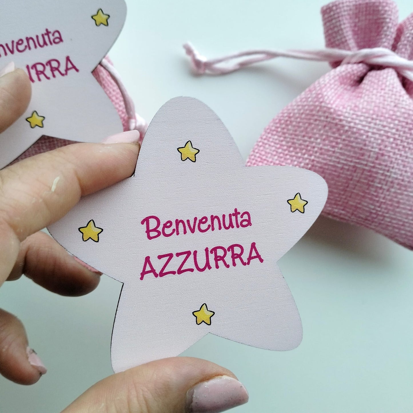 Sacchetto Nascita Bimba in Iuta Rosa – Personalizzato con Nome, Calamita – Elegante Bomboniera Portaconfetti