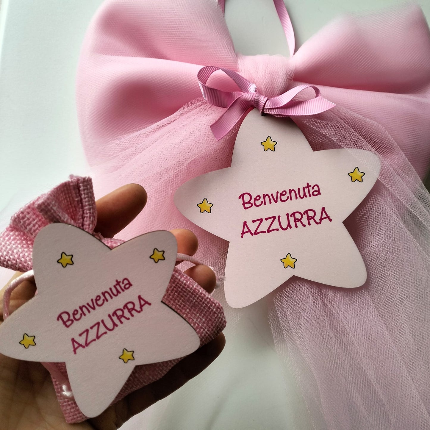Sacchetto Nascita Bimba in Iuta Rosa – Personalizzato con Nome, Calamita – Elegante Bomboniera Portaconfetti