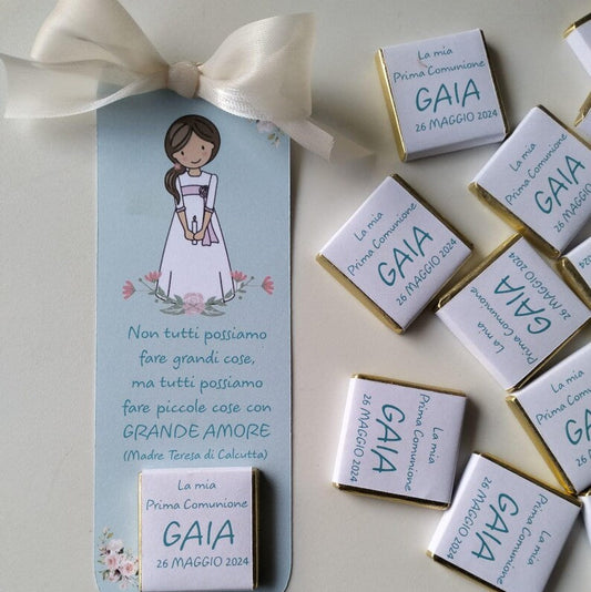 Segnalibro con cioccolatino personalizzato – Segnaposto originale per battesimo e prima comunione