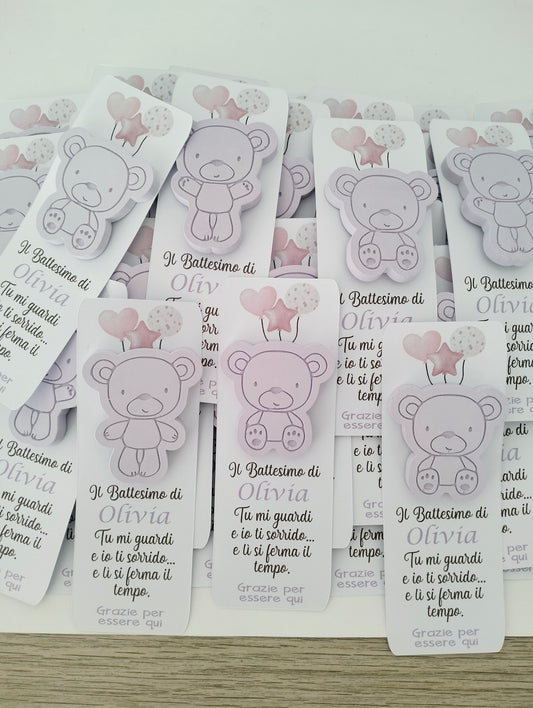 Bomboniera battesimo bimba, segnalibro con frase motivazionale e magnete orsetto