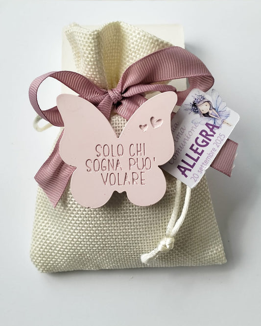 Sacchetto bomboniera Prima Comunione in iuta con farfalla magnete