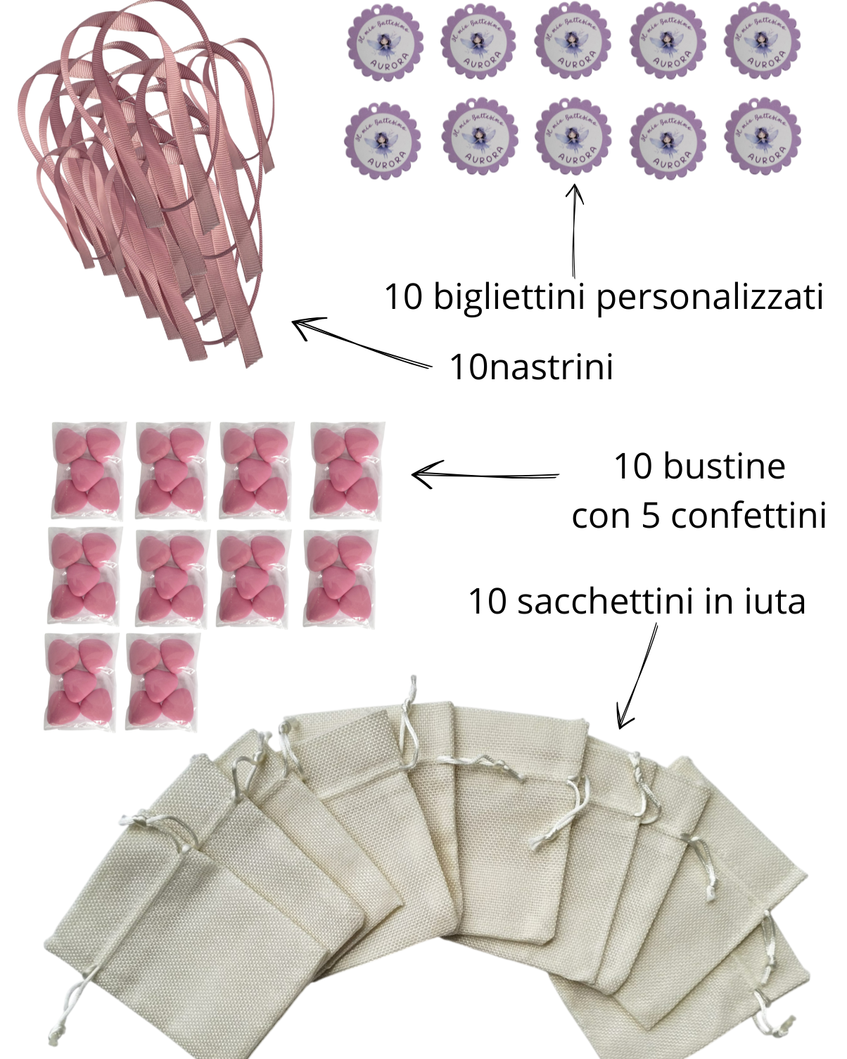 Kit fai da te sacchetti in iuta – Nascita, Battesimo e Prima Comunione (10 pezzi)
