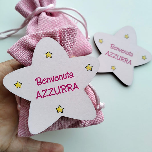 Sacchetto Nascita Bimba in Iuta Rosa – Personalizzato con Nome, Calamita – Elegante Bomboniera Portaconfetti