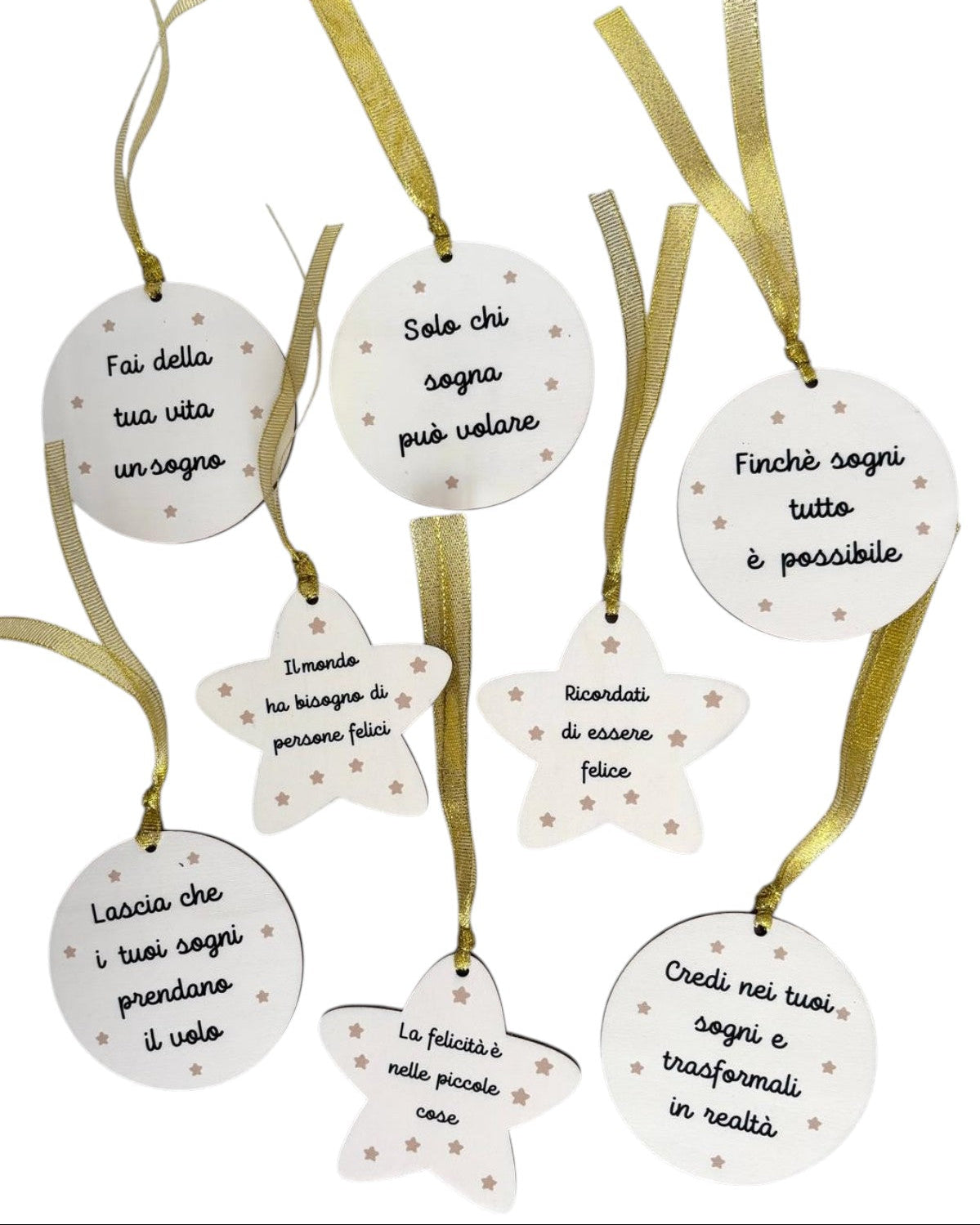 addobbi albero di natale in legno con frasi sui sogni