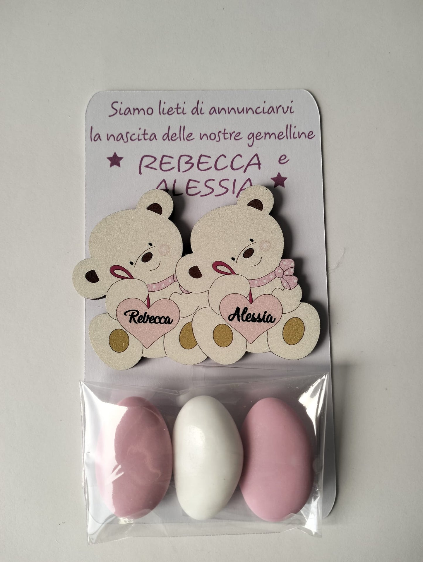 Bomboniera Nascita Gemelli con Magnete Personalizzato orsetti