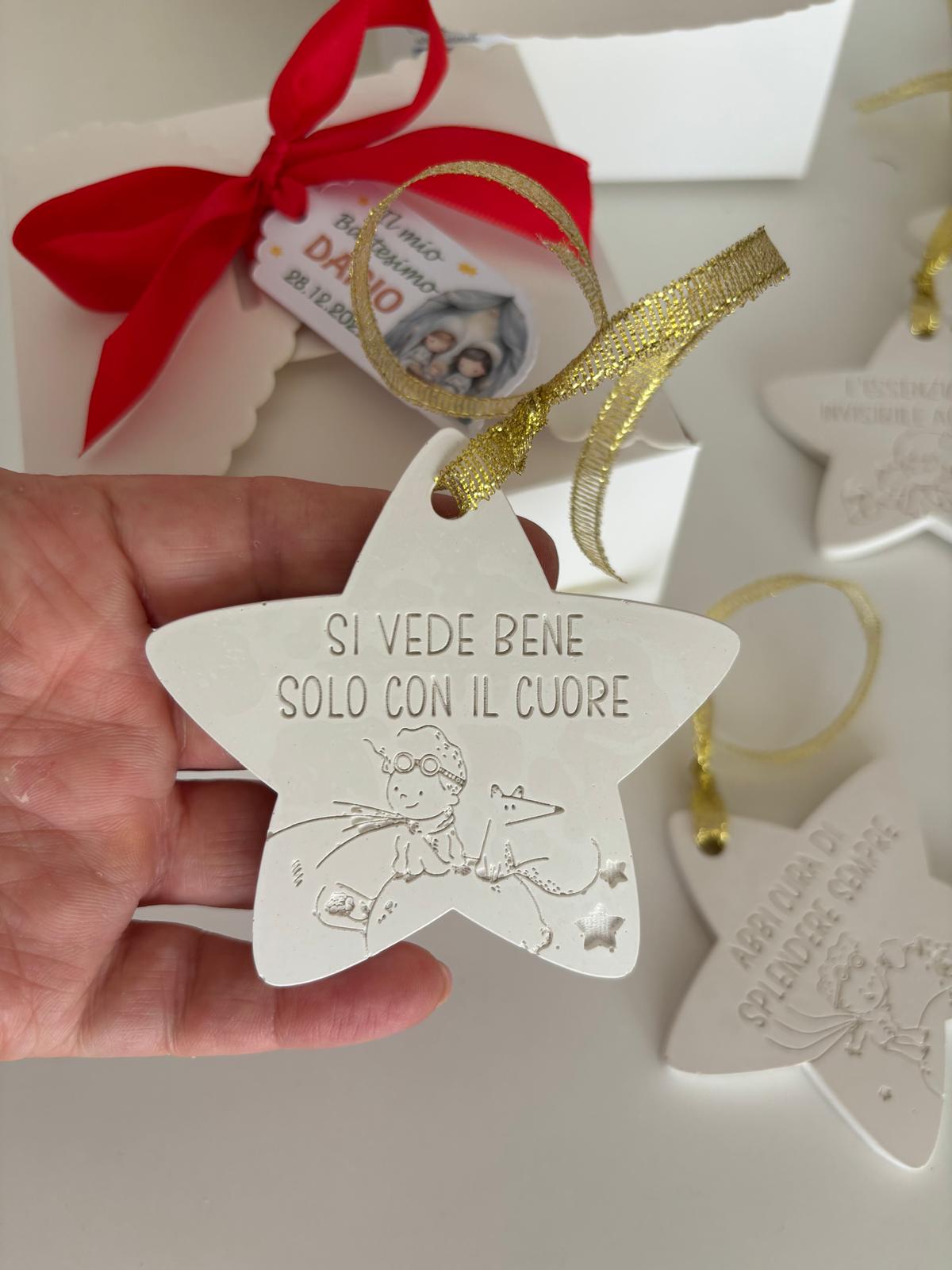 Bomboniera Battesimo Natalizia - Scatola con addobbi per albero di Natale, stella con frasi,  Confetti e Cioccolatini