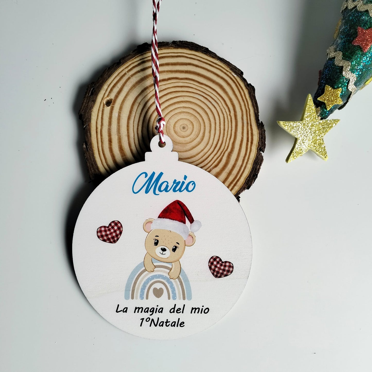 Regali per il primo Natale del bambino, regali per neonati, palla in legno con nome personalizzato 10 cm