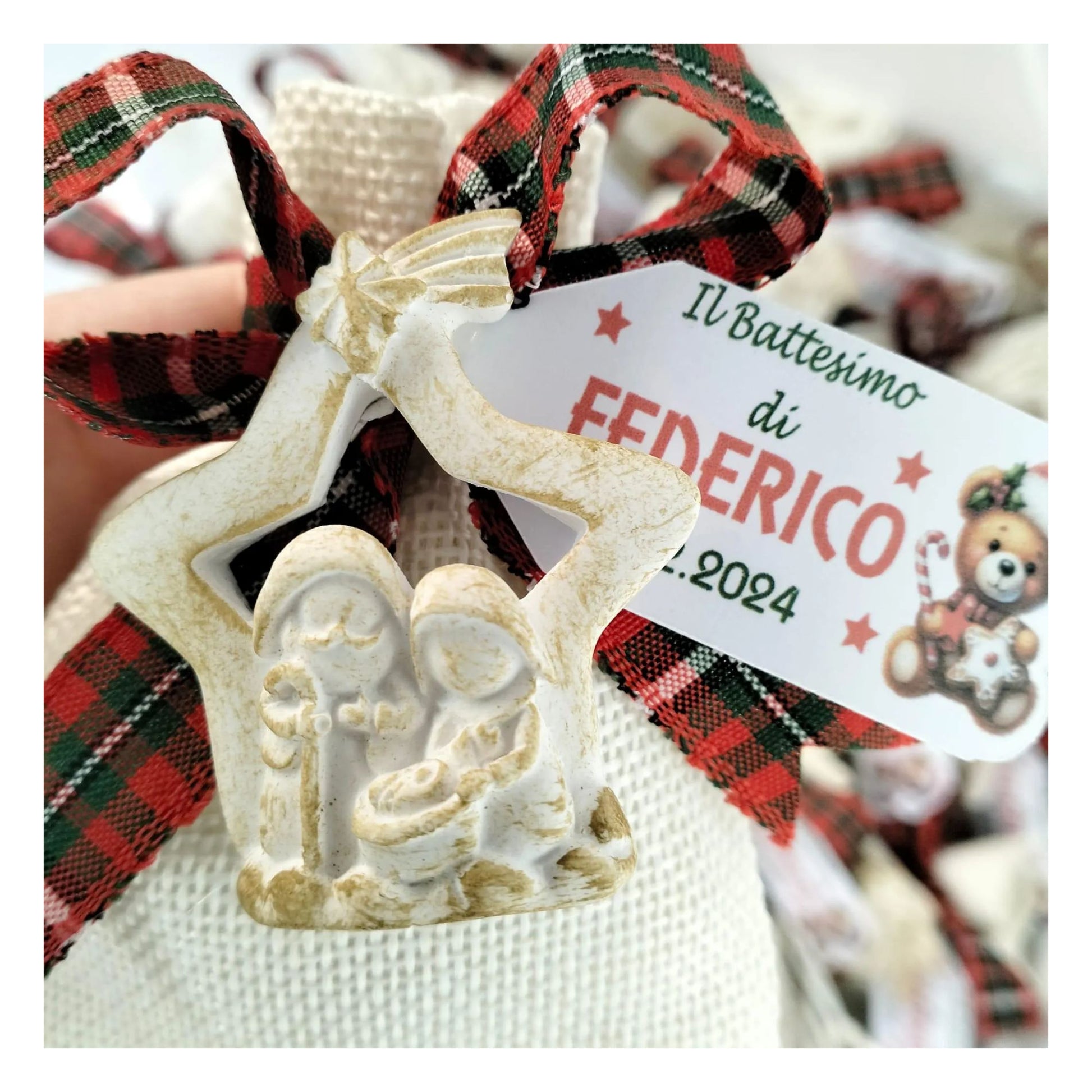 bomboniere artigianali battesimo natale sacchetti iuta magneti presepe Rossella Handmade