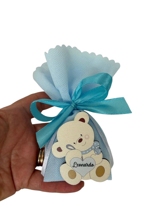 ricordino nascita con calamita orsetto celeste, personalizzato con nome