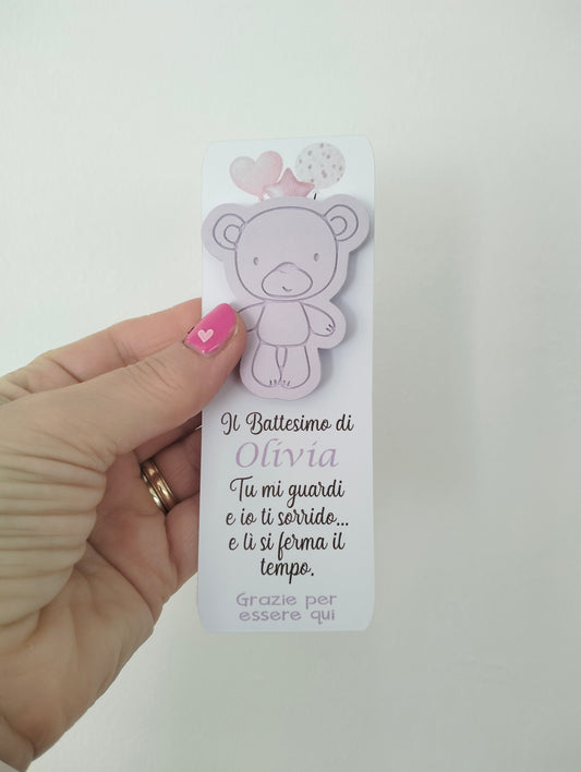 Bomboniera battesimo bimba, segnalibro con frase motivazionale e magnete orsetto