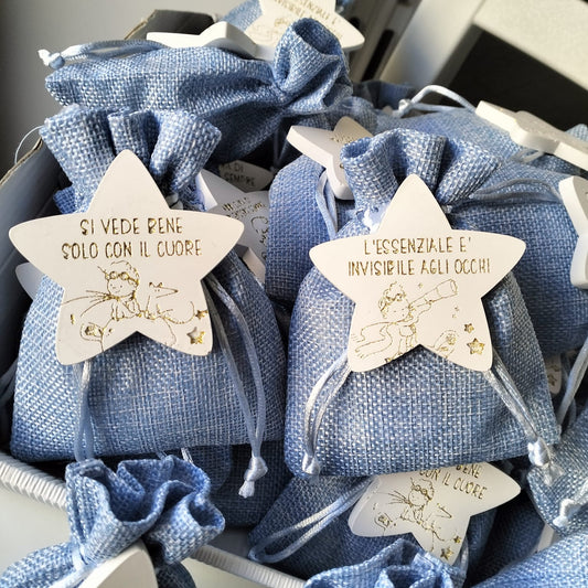 Bomboniera in iuta con calamita e stelline in gesso tema Piccolo Principe
