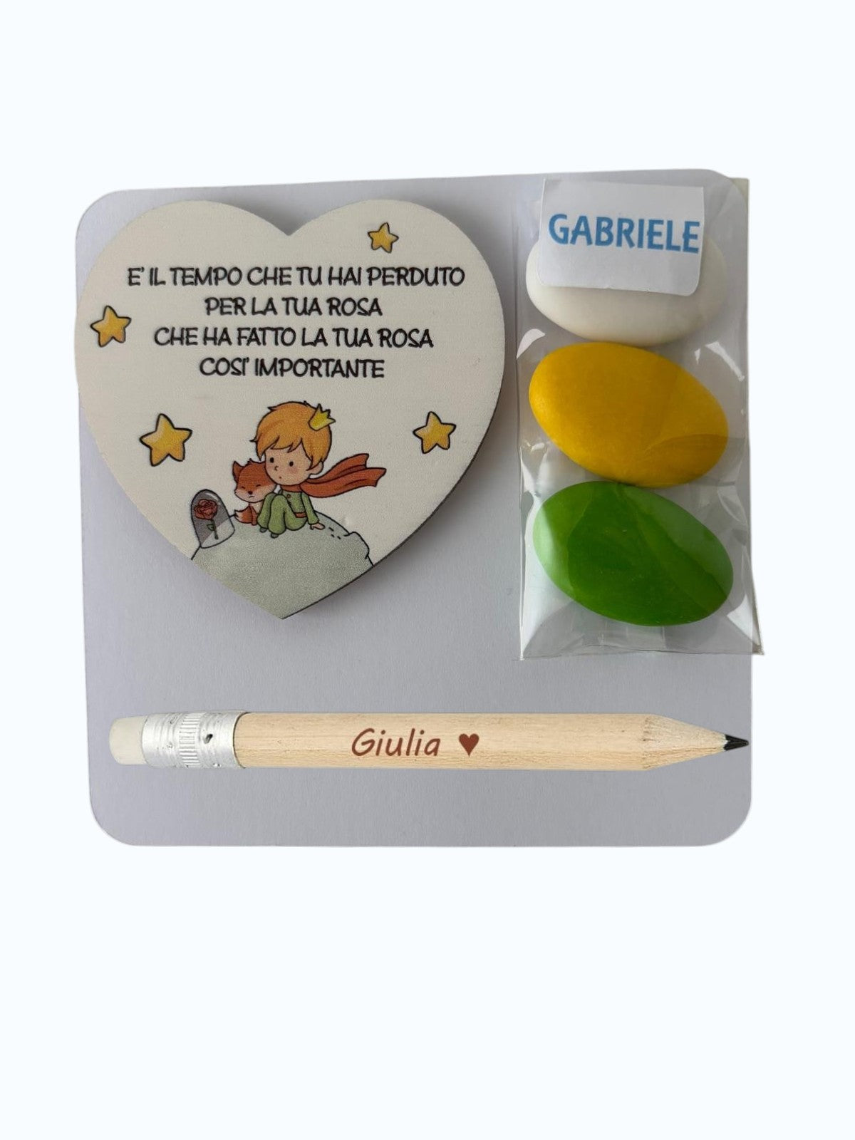 Bomboniera Tema Piccolo Principe con Calamita Cuore, Confetti e Matita Personalizzata